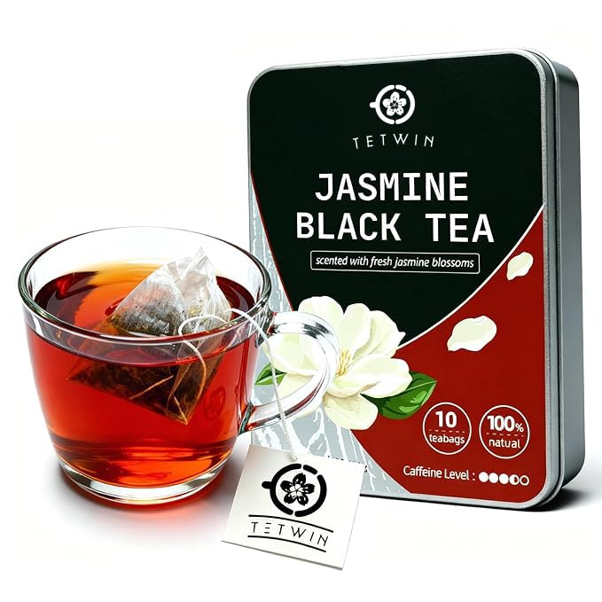 Jasmine Black Tea Bags, 3-Scented Loose Leaf in PLA teabag - Bitterness-Free, Naturally Sweet &amp; Mellow, 10 Count Portable Tin