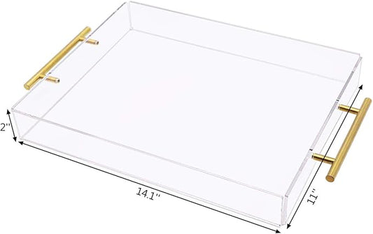 11x14 Clear Acrylic Serving Tray with Gold Handle,Spill Proof Clear Acrylic Trays Plastic Serving Tray for Breakfast,Coffee,Organize,Decor,Cosmetic