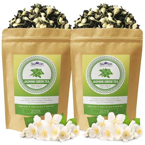Sou Zen Jasmine Green Tea Loose Leaf Blend, 4oz | Green Tea Leaves with Jasmine Flowers | Fragrant Loose Leaf Jasmine Tea | Resealable Pouch | No Added Sugar, Non-GMO, Gluten Free
