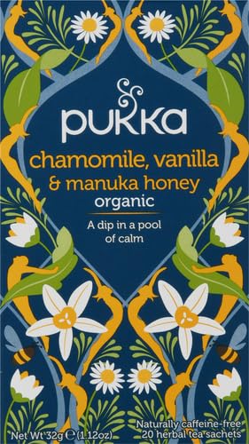 Pukka Calming Chamomile, Vanilla & Manuka Honey Organic Herbal Tea, Soothing Organic Tea Infusion Selection, Honey & Fennel Blend, Caffeine Free
