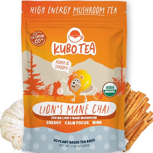 Kubo Lion’s Mane Chai Tea Bags | Organic High Caffeine (155mg) Black Tea + Lion’s Mane Mushroom | 20 Pyramid Count | Caffeinated Tea for Calm Focus & Mind Support | Healthy Coffee Alternative, Calorie Free