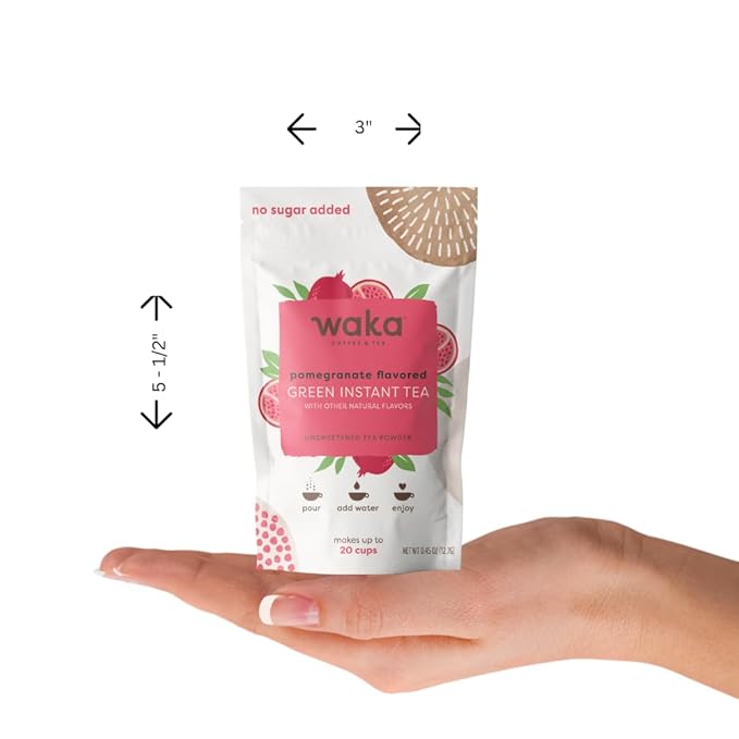 Waka Instant Green Tea Mix, Pomegranate Flavored - 100% Tea Leaves, No Additives, Unsweetened Sample/Travel Size Tea Powder - Easy Quick Hot and Iced Teas, Up to 20 Cups or 5 Quarts (.45oz)