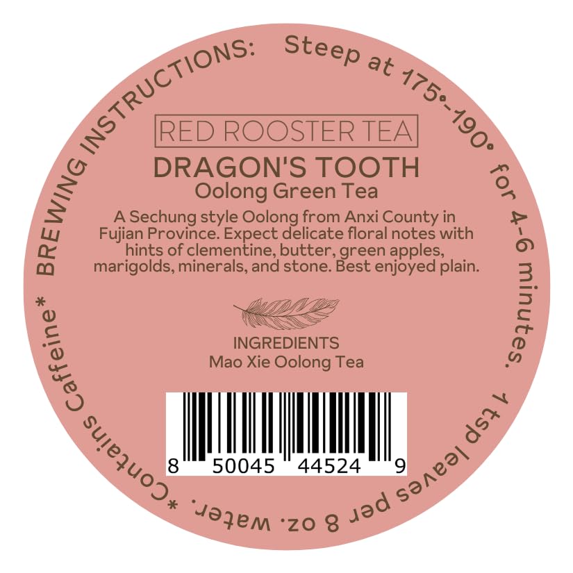 Red Rooster Tea Dragon’s Tooth Oolong – Single Estate Mao Xie Oolong from Anxi County, China – 4oz Loose Leaf Canister – Floral, Buttery, Steamed Greens – Makes ~56 Cups