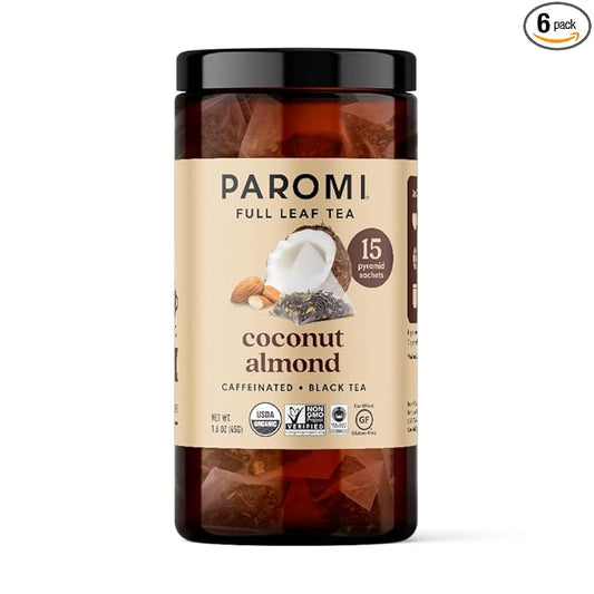 Paromi Coconut Almond Organic Black Tea, Signature Jar, 15 Count (Pack of 6)