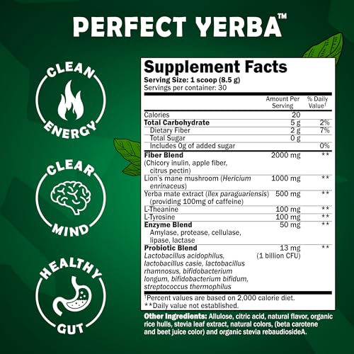 Perfect Yerba - Yerba Mate Tea Powder Instant Drink with Nootropics, Probiotics & Enzymes - Clean Energy, Focus, Gut Support - 100mg Natural Caffeine, No Sugar - Mango Peach, 30 servings