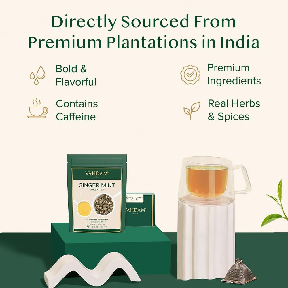 VAHDAM, Ginger Mint Green Tea Loose Leaf (50+ Cups, 3.5oz) Blend Of Ginger Tea & Mint Tea | Pure Green Tea Leaves | High Elevation Grown | Vacuum Sealed