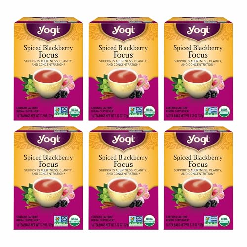 Yogi Spiced Blackberry Focus Tea, Vegan Friendly, Kosher, USDA Certified Organic, Non-GMO, 16 Tea Bags (Pack of 6)
