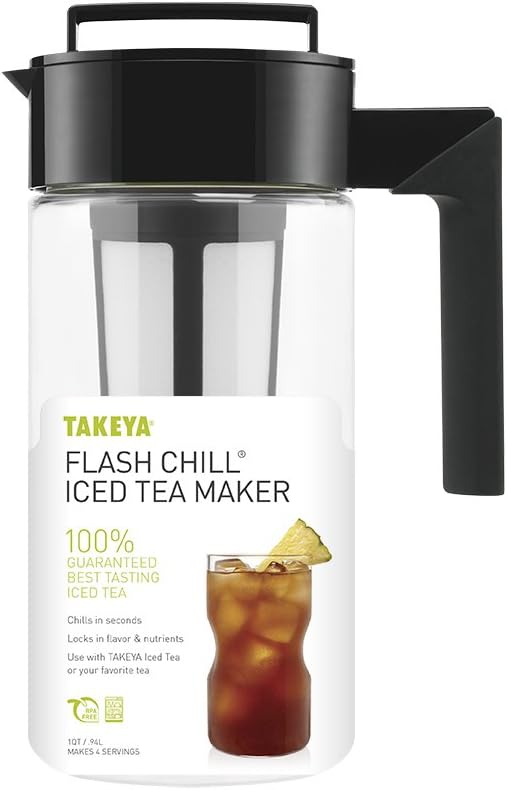 Takeya Flash Chill Iced Tea Maker - Versatile Tea Brewer for Loose/Bagged Tea - Patented Flash Chill Tech Hot/Cold Use BPA-Free Tritan Dishwasher Safe - Airtight Lid Made in USA - 1 Quart/Black