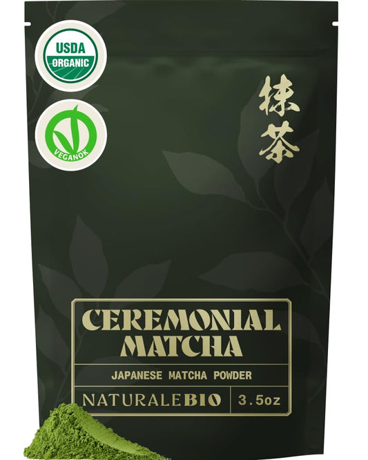 NaturaleBio Matcha Green Tea Powder. Ceremonial Grade Matcha Powder Organic, 3.5 oz. From Uji, Kyoto for Traditional Japanese Tea Ceremony. Matcha Powder Free of Added Sugars and Preservatives.
