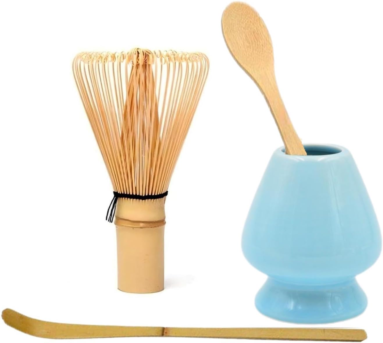 Matcha Tools ，Matcha Whisk Holder， Matcha Chasen Whisk Stand ，Ceramic Holder ，Matcha Bowl ，Traditional Japanese Tea Ceremony Starter (Cyan Ceramic Holder，Whisk ， 4 set)