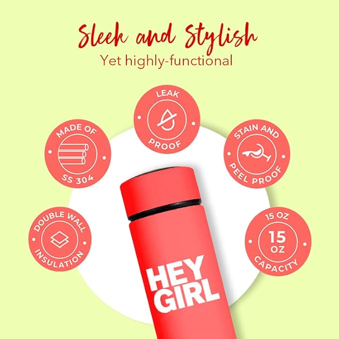 Hey Girl Tea Infuser Bottle 450ml - Insulated Stainless Steel Water Bottle - Tea Tumbler with Tea Diffuser