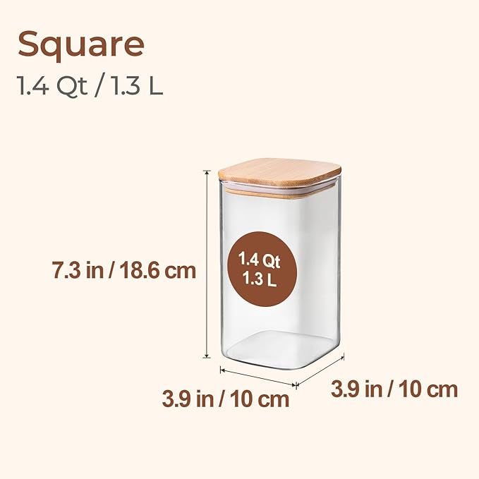 ComSaf 1.4 Qt Glass Storage Containers with Lids, Glass Jars with Lids, Clear Food Storage Jar, Square Canister Set of 3