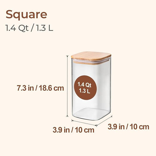 ComSaf 1.4 Qt Glass Storage Containers with Lids, Glass Jars with Lids, Clear Food Storage Jar, Square Canister Set of 3