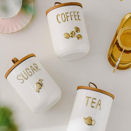 Comeon Ceramic Canister Set with Airtight Seal Bamboo Lid Silicone, 27oz Food Storage Jars for Coffee Sugar Tea