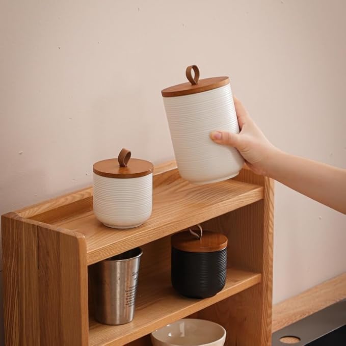 Comeon Ceramics Canister with Lid, Matcha Container Jar for Spice Sugar Tea Bag Coffee Canister Sets for Kitchen Counter with Bamboo Lid (White)