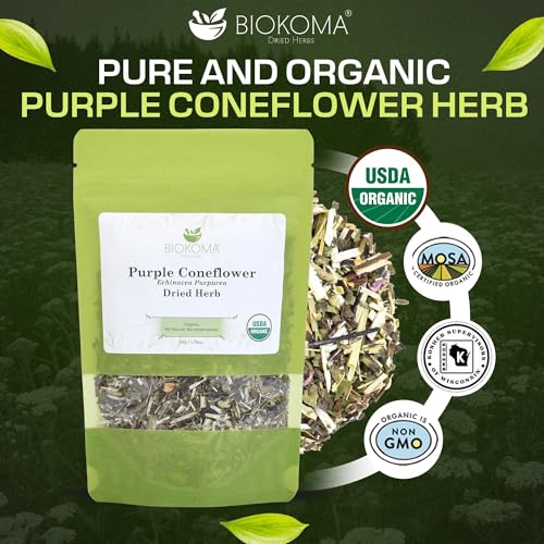 Biokoma Organic Purple Coneflower Dried Herb 50g (1.76oz) in Resealable Moisture Proof Pouch, USDA Certified Organic - Herbal Tea, No Additives, No Preservatives, No GMO, Kosher