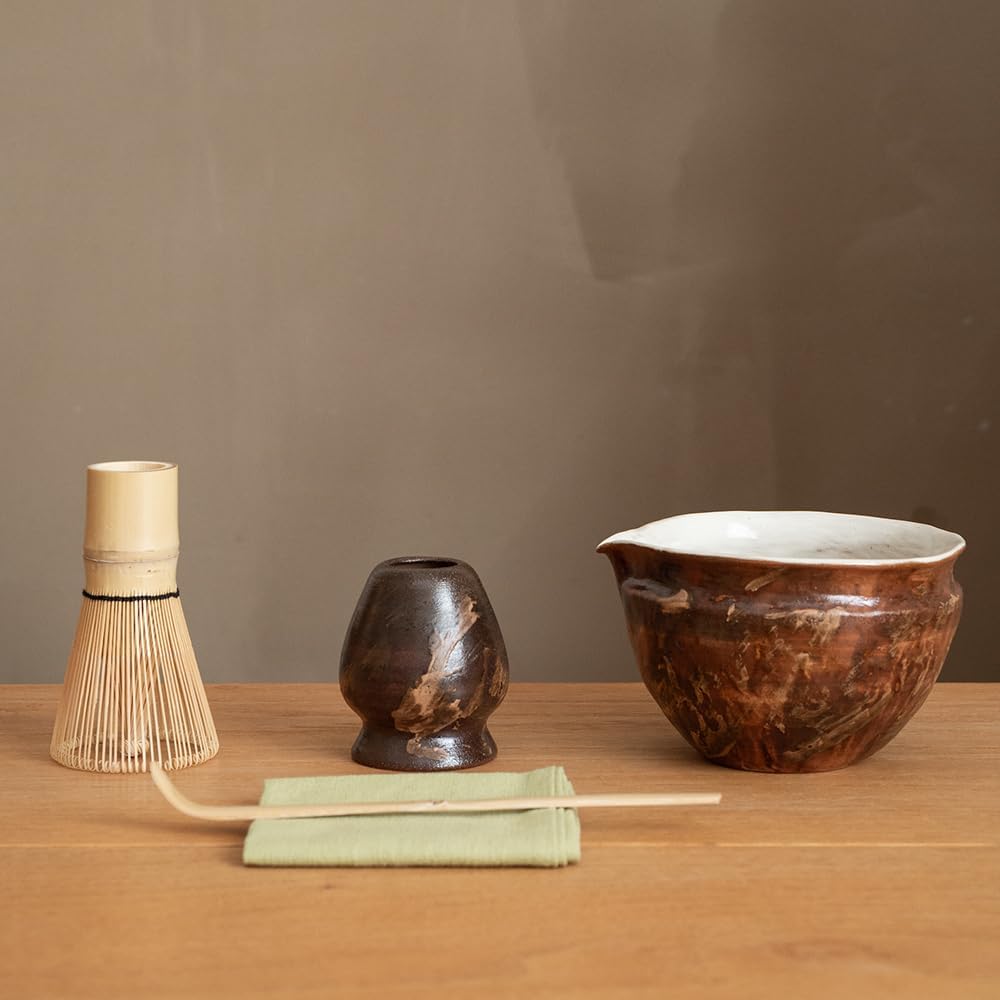 Matcha Set with Handmade Ceramic Bowl &amp; Bamboo Whisk, Dark Brown,6-Pc | Matcha Whisk Set, 16.9 Oz Ceramic Bowl with Spout, Bamboo Whisk, Holder, Scoop, Sifter and Tea Cloth, Matcha Kit for Ceremony