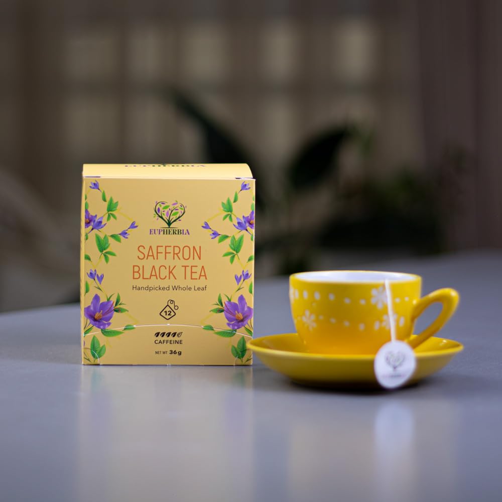 Eupherbia Saffron Black Tea, Handpicked, Highland Grown Whole Leaf Tea, Enriched with Premium Saffron Threads, Brisk, Earthy, Aromatic, Individually Wrapped Tea Sachets (Pack of 12) (2 Pack)
