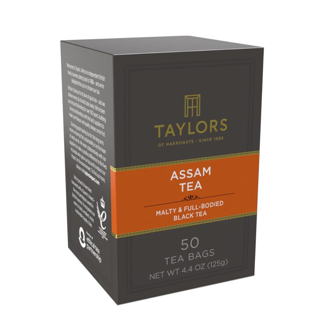Taylors of Harrogate Assam Black Tea Bags, 50ct (Pack of 1) | Full-bodied, Satisfying and Malty, Caffeinated, Enjoy Hot or Iced, At Breakfast or with Milk. One 4.4 Oz Box.