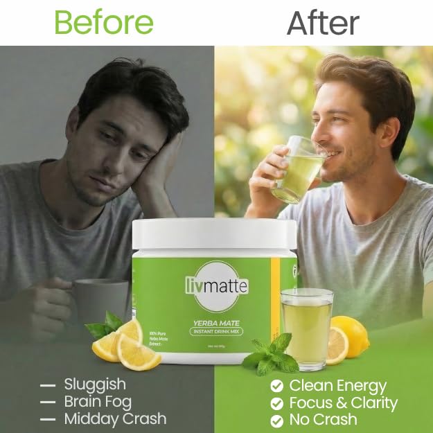 Liv Matte Yerba Mate Instant Tea Powder Sugar Free Natural Caffeine, Strawberry Lemon, 30 Servings