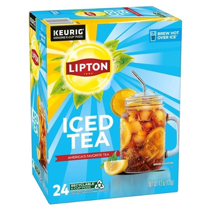 Lipton Unsweetened Black Iced Tea K-Cup Pods, 24 Pack for Keurig | Rainforest Alliance Certified Tea Pods with Smooth Crisp Flavor, Brew Hot over Ice for Refreshing Beverage.