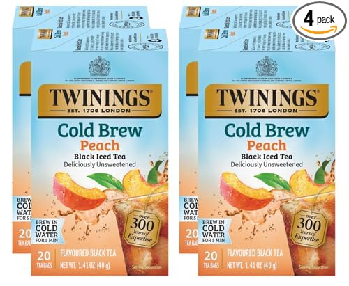 Twinings Cold Brew Peach Black Iced Tea Bags, 20 Count (Pack of 4), Deliciously Unsweetened Flavoured Black Tea, Caffeinated, 80 Individually Wrapped Tea Bags