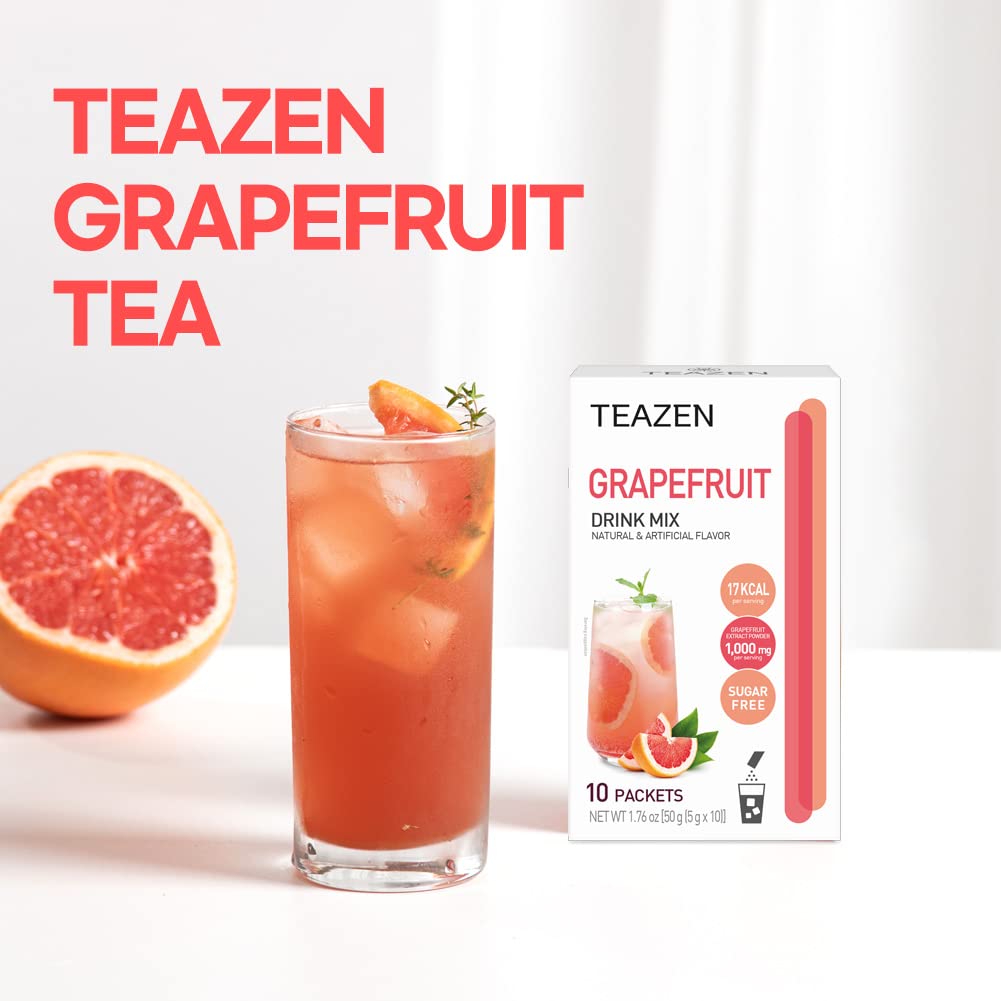 TEAZEN Grapefruit Tea Powder, Sugar Free, Hibiscus and Green Tea, Powdered Mix Beverage from Korea, On-the-Go 10 Packets