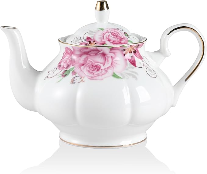 Sweejar Ceramic Teapot with Infuser, Floral Relief Gold Rimmed Teapot, 29 OZ Porcelain Tea Pot for B