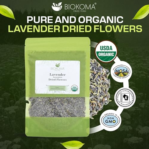 Biokoma Organic Lavender (Lavandula) Dried Flowers 50g (1.76oz) - Relax - DIY - Resealable Moisture Proof Pouch, USDA Organic Herbal Tea Caffeine-Free, No Additives, No Preservatives, No GMO, Kosher