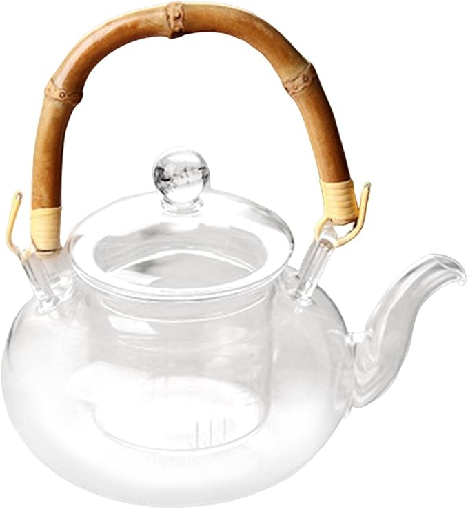 Glass Tea Pot with Infuser Wood Handle Carafe for Loose Leaf Beverage Milk