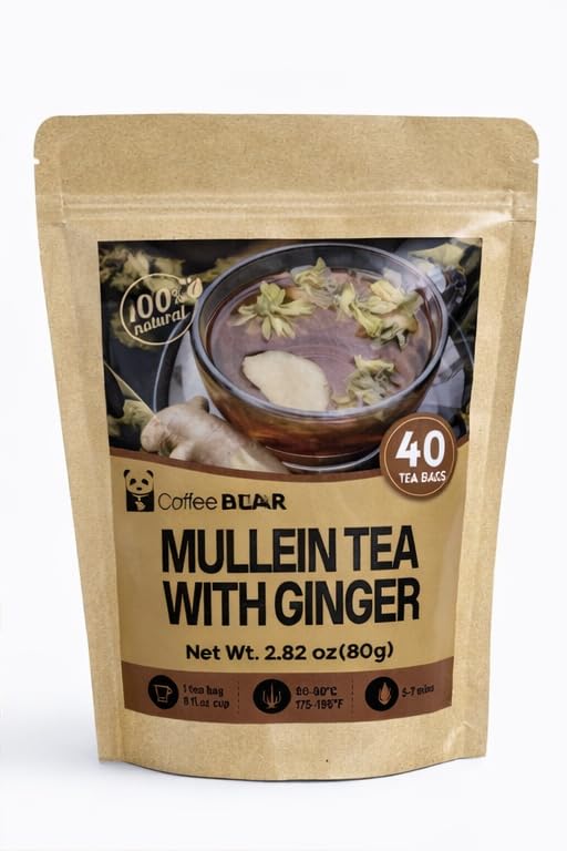 Mullein Tea with Ginger – 40 Tea Bags (2.82 oz) – Herbal Tea Blend for Lung & Respiratory Support – Caffeine-Free Natural Detox & Soothing Tea – Smooth Earthy Flavor