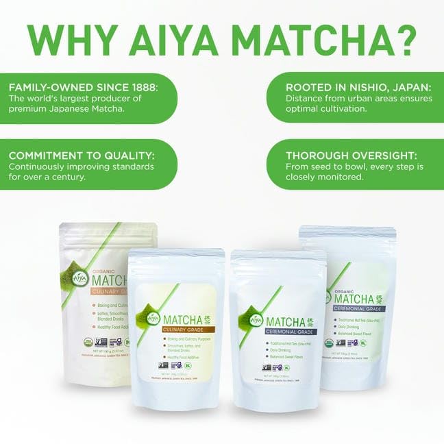 Aiya Certified USDA Japanese Organic Ceremonial Grade Matcha Green Tea Powder - Gluten-Free, Non-GMO - 100g Bag (3.53 oz.)