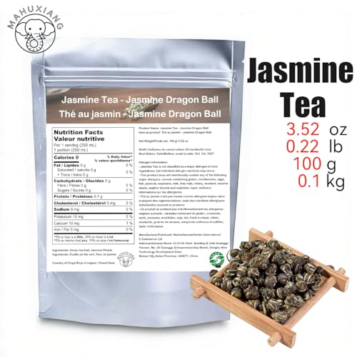 MAHUXIANG Jasmine Dragon Pearl Tea 3.52 oz/100 g – Loose Leaf Jasmine Green Tea, Rolled Green Tea, Self-Sealing Bag