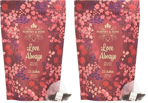 Harney & Sons Love Always Tea | 25 Sachets of Caffeinated Black Tea with Chocolate Flavor and Rosebuds, for your Valentine