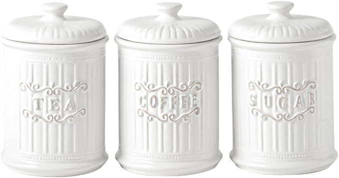 Doric Scroll Ceramic Canisters Sets For The Kitchen Canisters For Countertop Set of 3 Airtight Coffee Canisters For Ground Coffee Sugar Container Tea Storage Jars With Lids Farmhouse Decor
