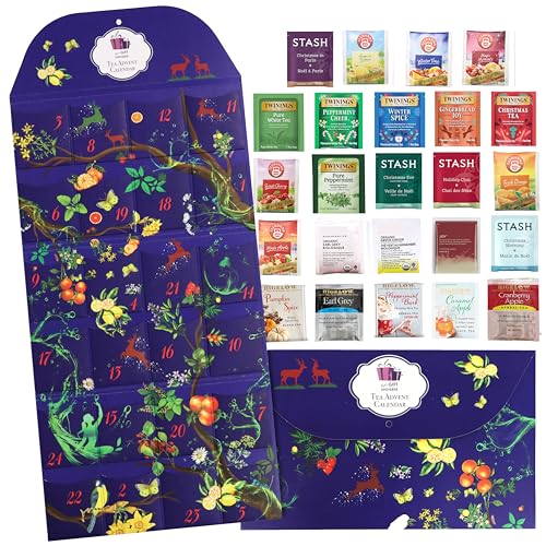 Assorted Teas Gift Advent Calendar, Seasonal Tea Sampler Variety Pack (24 Count, 24 Flavors) Holiday Gift for Family, Friends, Coworkers, Mom, Dad, Wife, Husband
