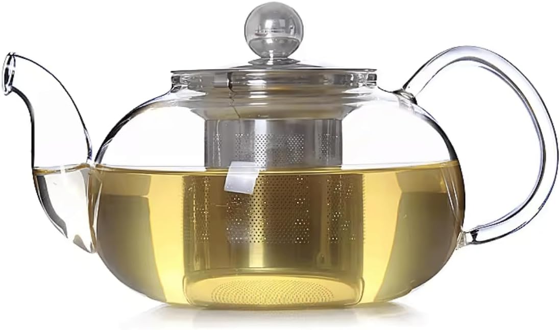 20 oz Clear Glass Teapot with Infuser, Borosilicate Stovetop Tea Pot | Borosilicate Glass, Stainless Steel Herbal Infuser, Heat Resistant, Kitchen Essentials, Loose Leaf Tea Maker with Handle
