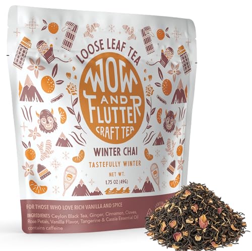 Wow and Flutter Winter Chai Loose Leaf Black Tea | Caffeinated Spiced Blend with Ginger, Cinnamon, Cloves, Vanilla & Rose | Bright Citrus Finish, Cozy At-Home Chai Lattes – 1.75 oz Pouch