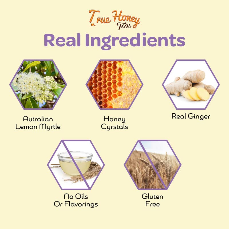 True Honey Lemon Ginger Tea Bags - Honey Crystals Blended in Every Sachet - Healthy Digestion Nourishment - All Natural Organic Herbal Caffeine Free Tea Bag 24 Count