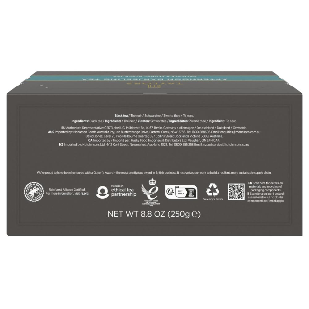 Taylors of Harrogate Afternoon Darjeeling, Black Tea, Individually Wrapped Bags 100 Count (Pack of 1), Delicate, Sweet & Floral, Caffeinated, Enjoy Hot or Iced, 100 Teabags