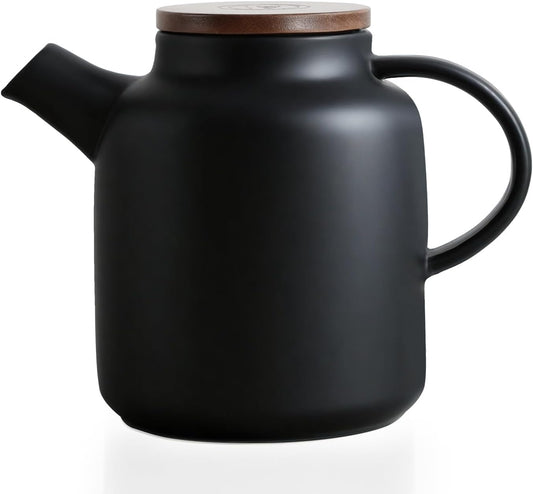 Yundu 1500ml / 50 oz Ceramic Teapot with Infuser &amp; Wood Lid - Matte Black, Loose Leaf Tea Pot with Removable Strainer, Large Capacity