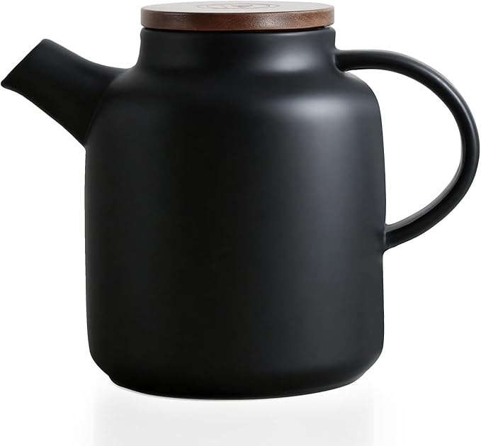 Yundu 1500ml / 50 oz Ceramic Teapot with Infuser & Wood Lid - Matte Black, Loose Leaf Tea Pot with Removable Strainer, Large Capacity