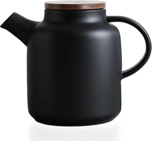 Yundu 1500ml / 50 oz Ceramic Teapot with Infuser & Wood Lid - Matte Black, Loose Leaf Tea Pot with Removable Strainer, Large Capacity