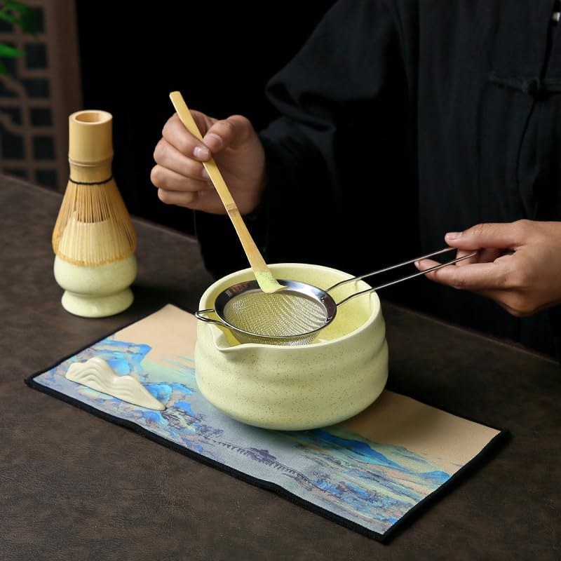 7 matcha whisk set 1 Matcha Whisk ，Matcha Bowl with Pouring Spout Scoop Matcha Whisk Holder Tea Making Kit. 1 matcha whisk set (7pcs), 15.2 Ounce (Yellow)