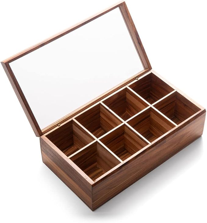 Ironwood Cornwall Tea Box, 8 Compartment Tea Organizer, Acacia Wood