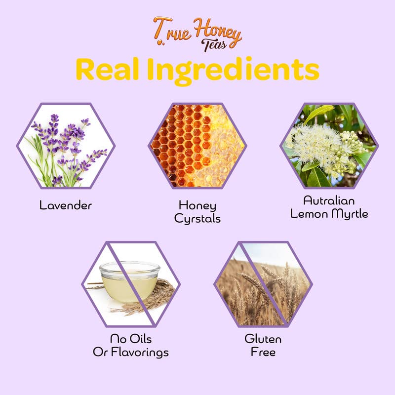 True Honey Lavender Lemonade Tea Bags - Tranquil Tea for Sleep, Stress Relief and Calm - All Natural Organic Lemon Myrtle Herbal Caffeine-Free Blended with Honey Crystals - 24 Count