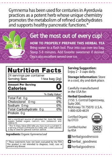 Gymnema Sylvestre Leaf Tea Organic, Gurmar Leaves, 24ct Herbal Goodness
