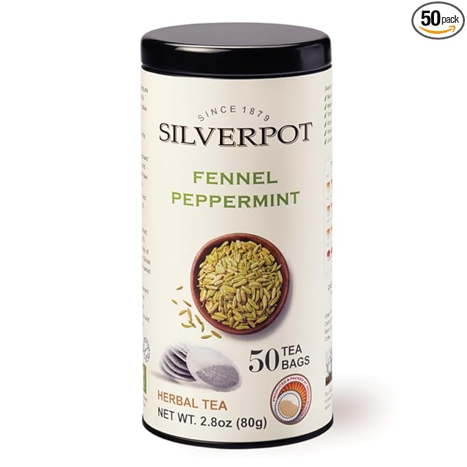 Silverpot Fennel & Peppermint - 50 Round Tea Bags, Naturally Caffeine Free, Fennel Seeds, Cooling Mint, Reusable Tin