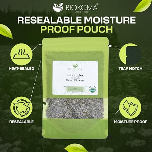 Biokoma Organic Lavender (Lavandula) Dried Flowers 50g (1.76oz) - Relax - DIY - Resealable Moisture Proof Pouch, USDA Organic Herbal Tea Caffeine-Free, No Additives, No Preservatives, No GMO, Kosher