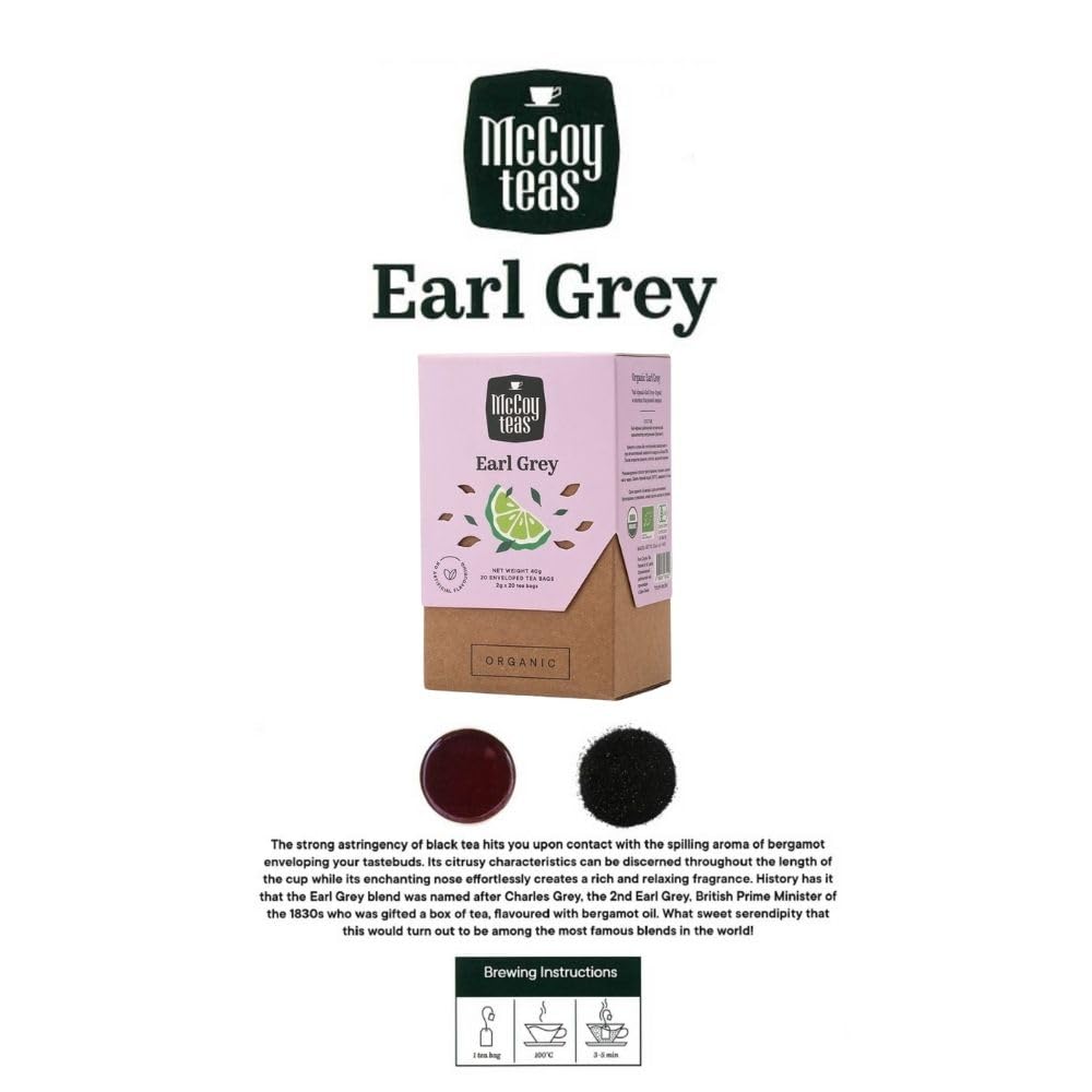 McCoy Teas Organic Earl Grey Tea Bags Black Tea Bags Ceylon Tea with Bergamot for Clarity and Relaxation with Premium Tea from Sri Lanka, 20 Bags (Pack of 01)